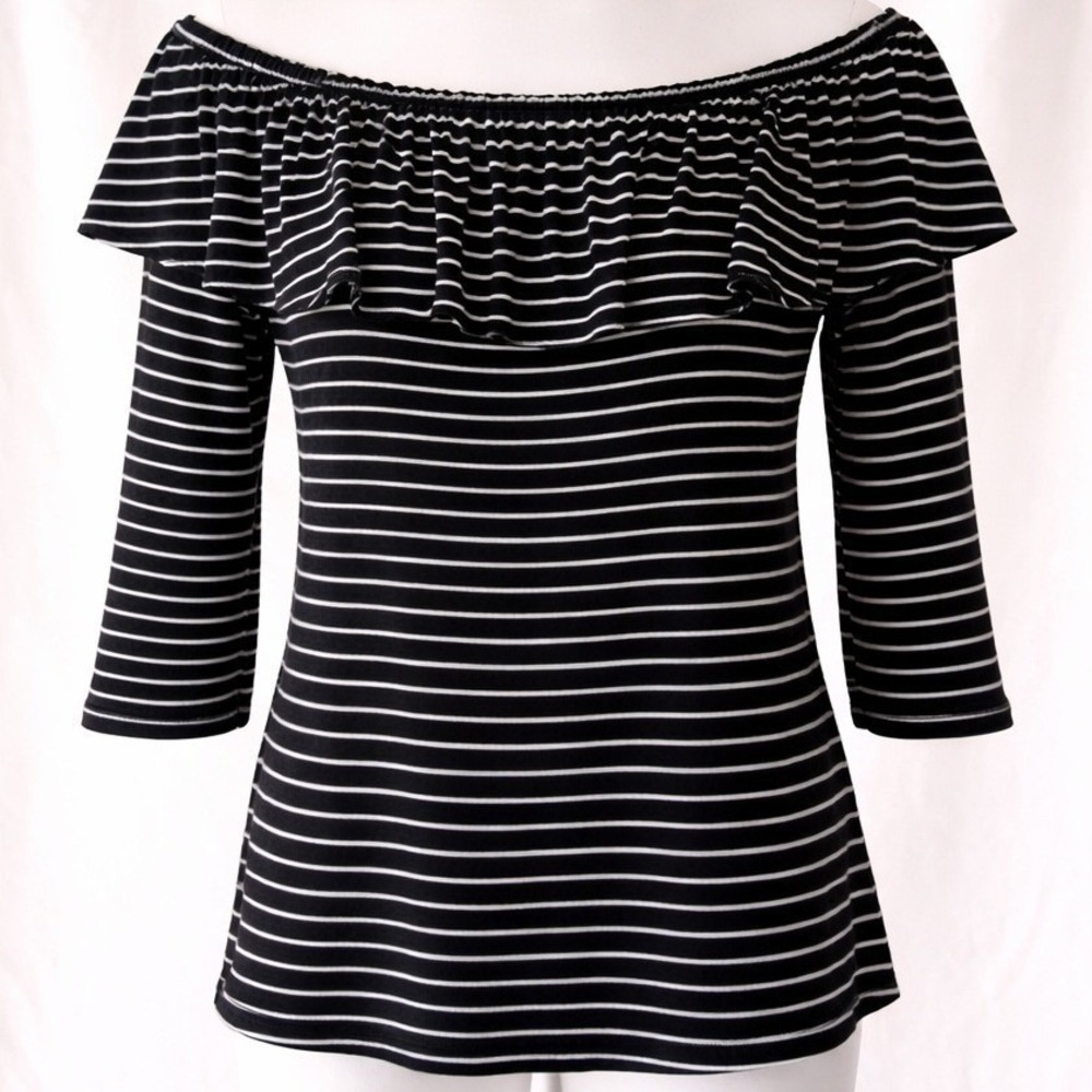 Trendy On/Off Shoulder Black & White Stripe Blouse, American Eagle Outfitters L